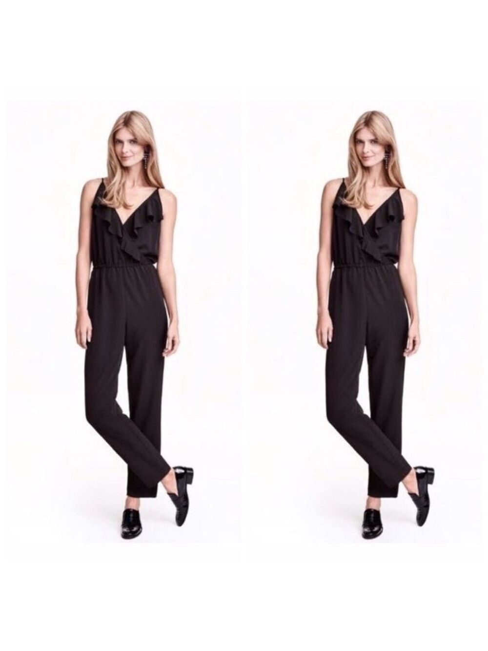 H&M Black Ruffle Trim Spaghetti Strap V Neck Slim Jumpsuit, size 2